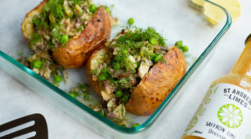 Baked Potatoes with Smoked Fish and Saffron Lime Dressing